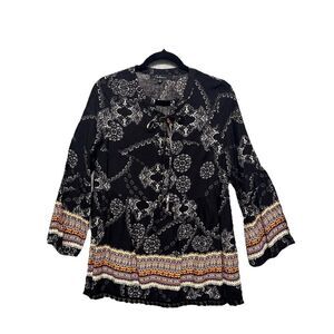Calessa Paisley Print Tunic Top Blouse S Boho Pom Pom Hem Flare‎ Sleeve V Neck